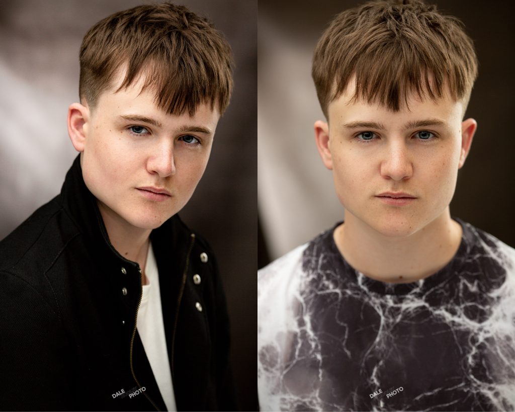 Comparison headshot from Jake Rhodes' headshot session in the studio. He is wearing a black overcoat in one photo, and a dark tshirt in the other photo.